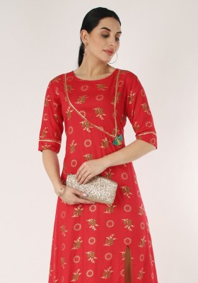 METRO-FASHION Women Floral Print Frontslit Kurta(Red)