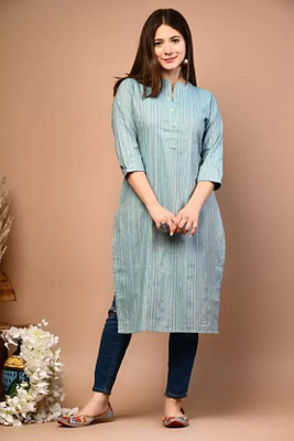 Ladylaz Women Striped Straight Kurta(Blue)