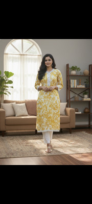 msaffan Women Floral Print Straight Kurta(Yellow)