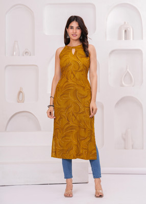 AKSHUNA Women Printed Straight Kurta(Yellow)