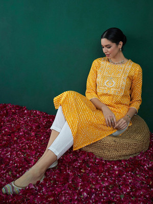 ANOUK Women Striped Straight Kurta(Yellow)