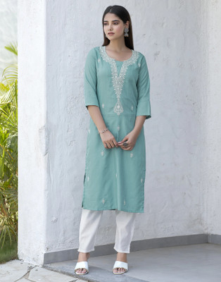 Samah Women Chikan Embroidery, Embellished, Dyed/Ombre, Self Design Straight Kurta(Blue, White)