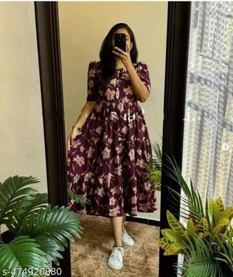 NEW4U Women Floral Print Flared Kurta(Purple)