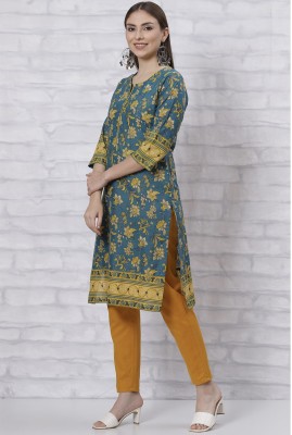 RANGRITI Women Printed Straight Kurta(Blue, White, Yellow)