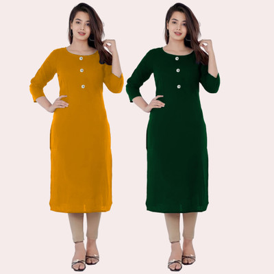 RK Costing Women Solid Straight Kurta(Yellow, Dark Green)