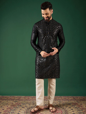 ANOUK Men Floral Print Straight Kurta(Black)