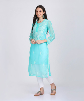 Lucknowi Poshaak Chikankari Women Chikan Embroidery Straight Kurta(Light Blue)