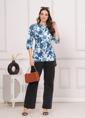 Upasana Traders Women Printed Straight Kurta(Dark Blue, White)