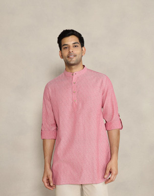 Fabindia Men Self Design Straight Kurta(Pink)