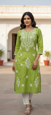 CHIAKANKARI ARTS Women Embroidered, Chikan Embroidery Straight Kurta(Maroon)
