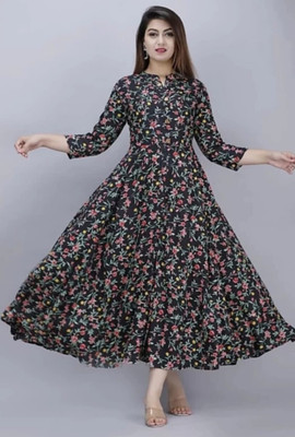 VRSS GROUP Women Printed Gown Kurta(Black, Multicolor)