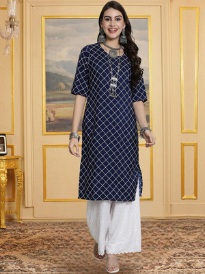 EthnicBasket Women Printed A-line Kurta(Dark Blue, White)