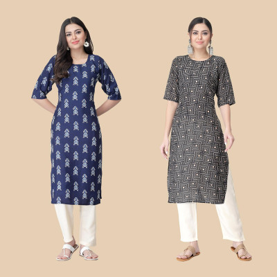 EthnicBasket Women Printed Straight Kurta(Black, White, Dark Blue)