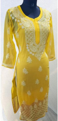 KKHENTPRS Women Chikan Embroidery Ethnic Dress Kurta(Yellow)