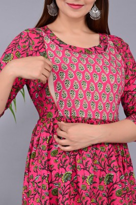 Nimdhi Women Printed Anarkali Kurta(Pink, Light Green)