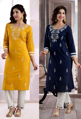 SISTO Women Chikan Embroidery Straight Kurta(Multicolor)