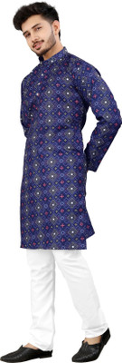 DHASU TRENDZ Men Printed Straight Kurta(Dark Blue, Multicolor)