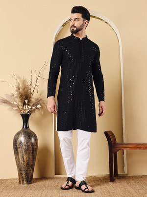 CHIRASVI Men Self Design Straight Kurta(Black)