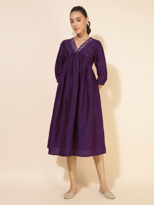 Janasya Women Embellished, Solid, Embroidered A-line Kurta(Purple)