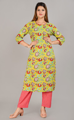 Vadhai Women Printed Straight Kurta(Light Green)