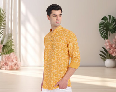 DJFOX Men Printed Straight Kurta(Yellow)