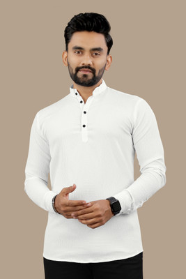 LEVIDE Men Solid Trail Cut Kurta(White)