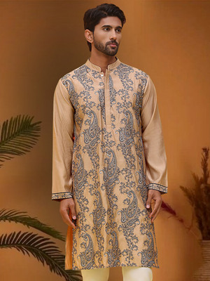 Jompers Men Embroidered Straight Kurta(Beige)