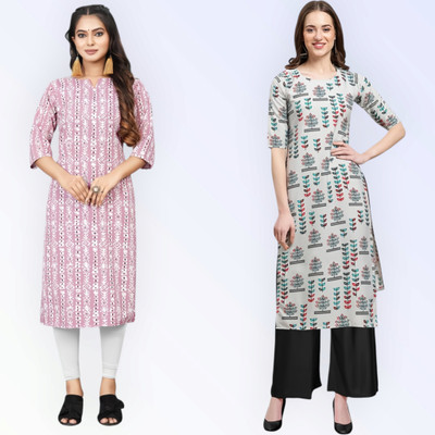 KAUTAQI Women Printed Straight Kurta(Multicolor)