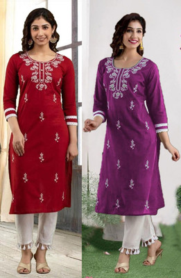 vikshi Women Chikan Embroidery Straight Kurta(Multicolor)