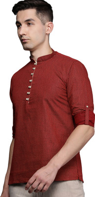 MANYAVAR Men Printed Straight Kurta(Maroon)
