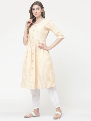 Ladylaz Women Striped A-line Kurta(White, Yellow)