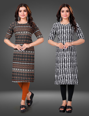 MOBHISA Women Printed Straight Kurta(Black)