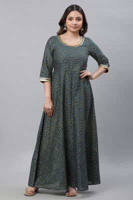 Aurelia Women Geometric Print Flared Kurta(Green)