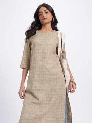 Anouk Rustic Women Checkered Straight Kurta(Beige)