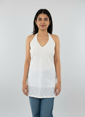 ORAHCLOTHING Women Chikan Embroidery, Geometric Print, Self Design Straight Kurta(White)