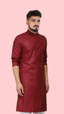 HouseOfCommon Men Solid A-line Kurta(Maroon)