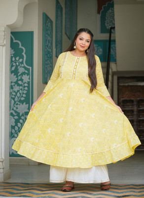 IKRASS Women Printed Anarkali Kurta(Yellow)