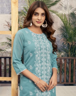 Skylee Women Chikan Embroidery, Embellished, Dyed/Ombre, Self Design Straight Kurta(Light Blue)