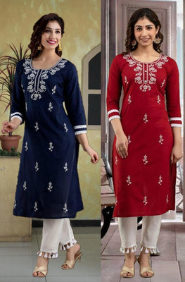 vikshi Women Chikan Embroidery A-line Kurta(Dark Blue, Red)