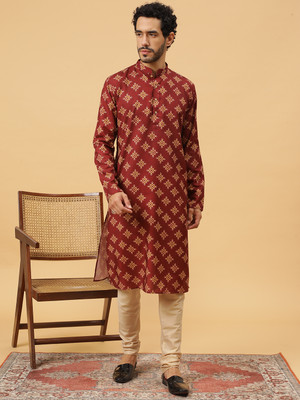 Tabard Men Printed Straight Kurta(Beige, Maroon)