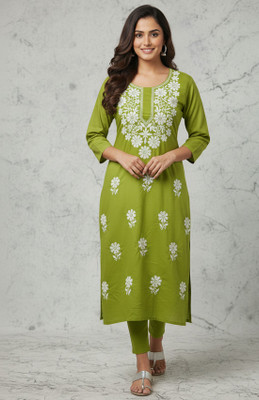 THECHIKANKARI Women Embroidered, Chikan Embroidery Straight Kurta(Red)