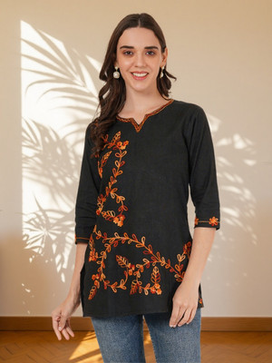 Miss Peach Women Embroidered A-line Kurta(Black)