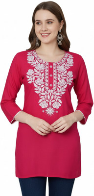 OsWorn Women Chikan Embroidery A-line Kurta(Pink)