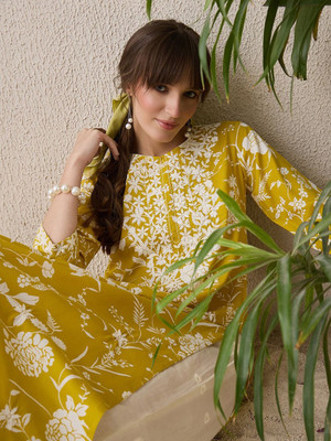 PHYSIL Women Embroidered Straight Kurta(Yellow)