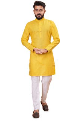 PEARL OCEAN Men Printed A-line Kurta(Yellow)
