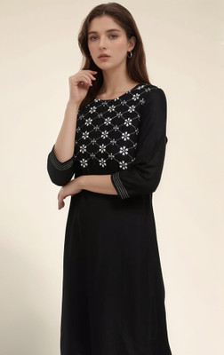 DESIRABASIX Women Embroidered A-line Kurta(Black)