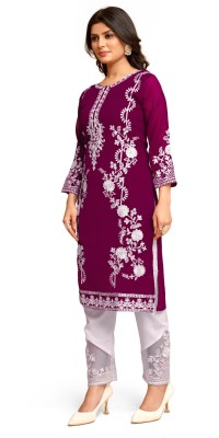 Nesh Creation Women Embroidered A-line Kurta(Purple, White)