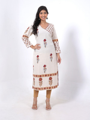 RANGRIWAZ Women Floral Print Frontslit Kurta(Beige)