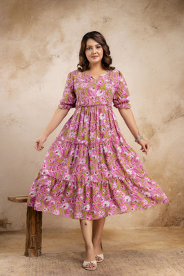 The Perfect Fit Co. Women Floral Print Anarkali Kurta(Pink, Green)