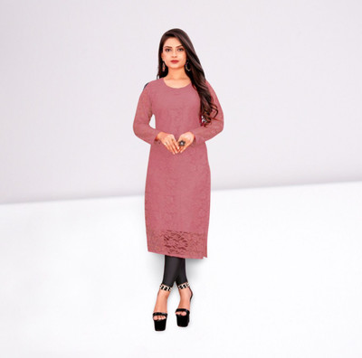 HOC's Women Self Design Straight Kurta(Brown)